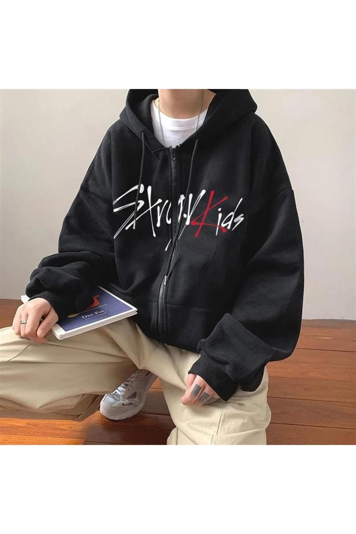 ژاکت کش باف پشمی کلاهدار تک جنسیتی مشکی زیپ دار چاپ Stray Kids